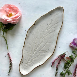 Leaf stoneware platter with gold